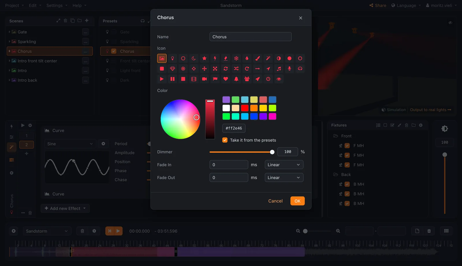 A scene open in the lighting designer: icon, colour, dimmer and fade times, with an effect curve behind it