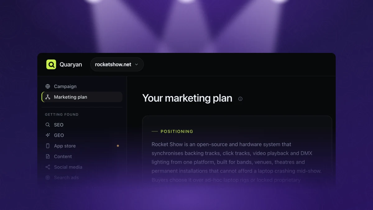 Quaryan’s marketing plan for rocketshow.net, lit by three stage spotlights