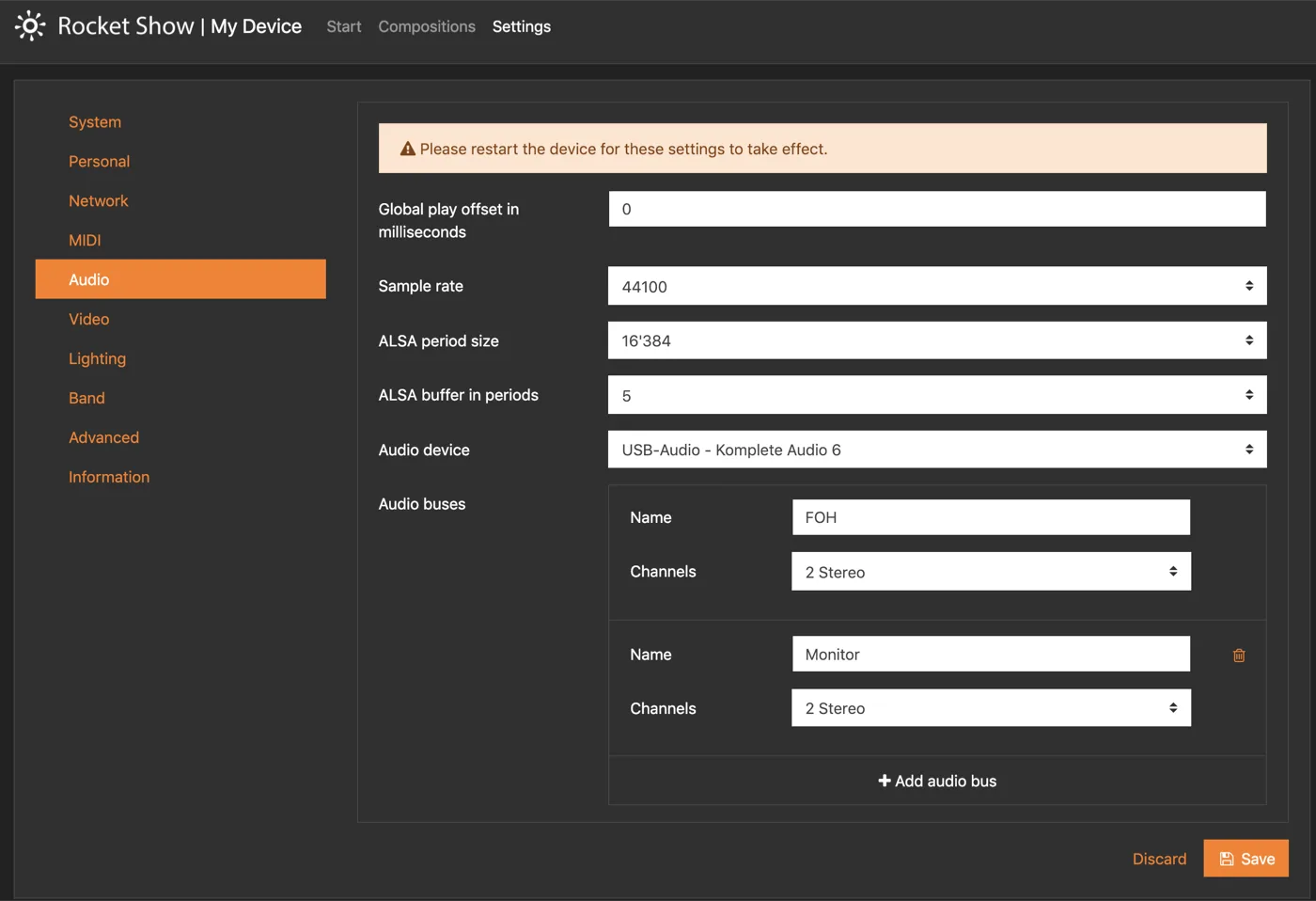 Audio settings in the Rocket Show interface
