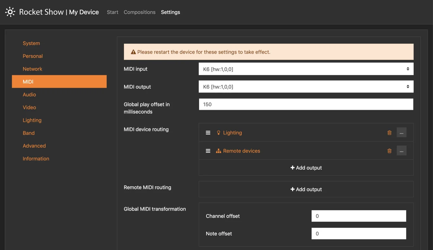 MIDI routing settings